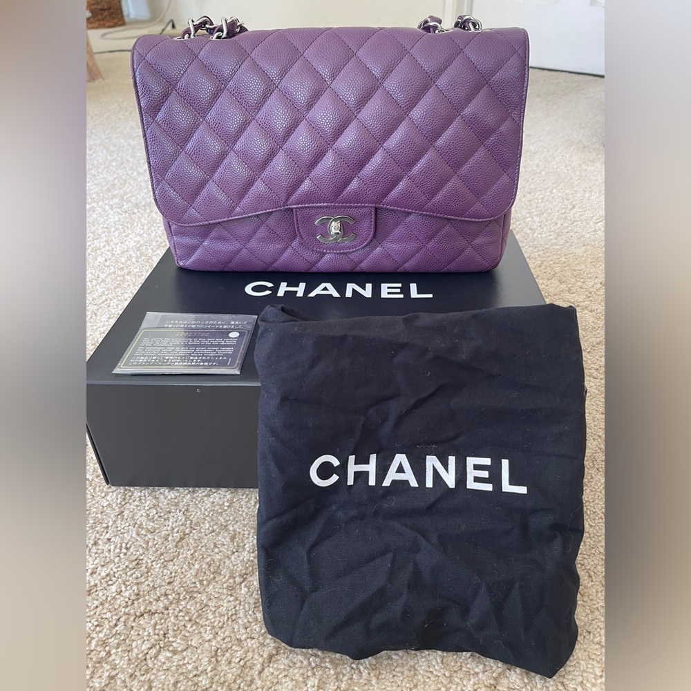 RAREST VINTAGE CHANEL PURPLE CAVIAR JUMBO SINGLE FLAP BAG WITH FULL SET!!! WOW!
